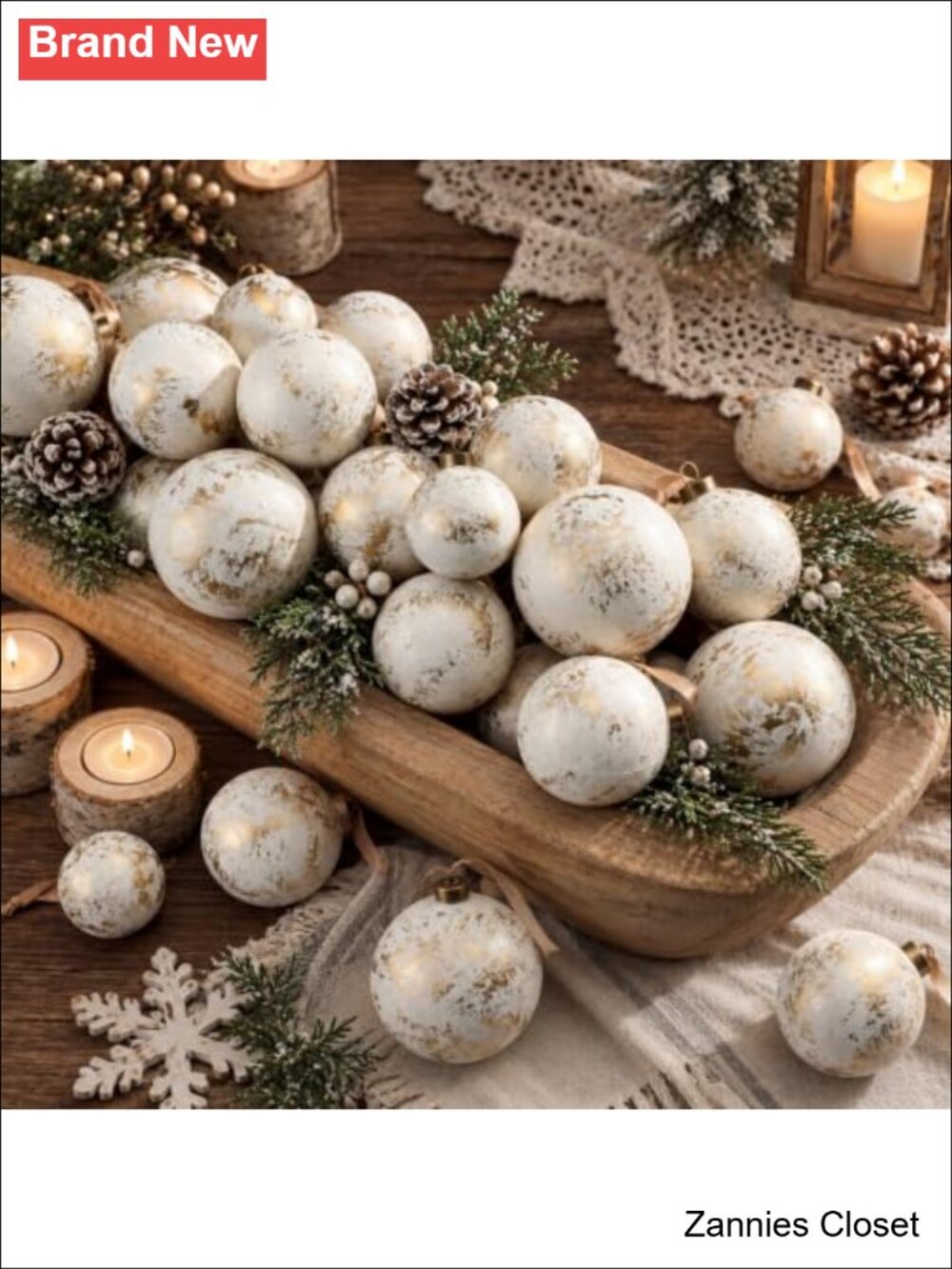 🎄 40pc Neutral Christmas Ornament Set Textured Plastic Xmas Tree Decor Ivory